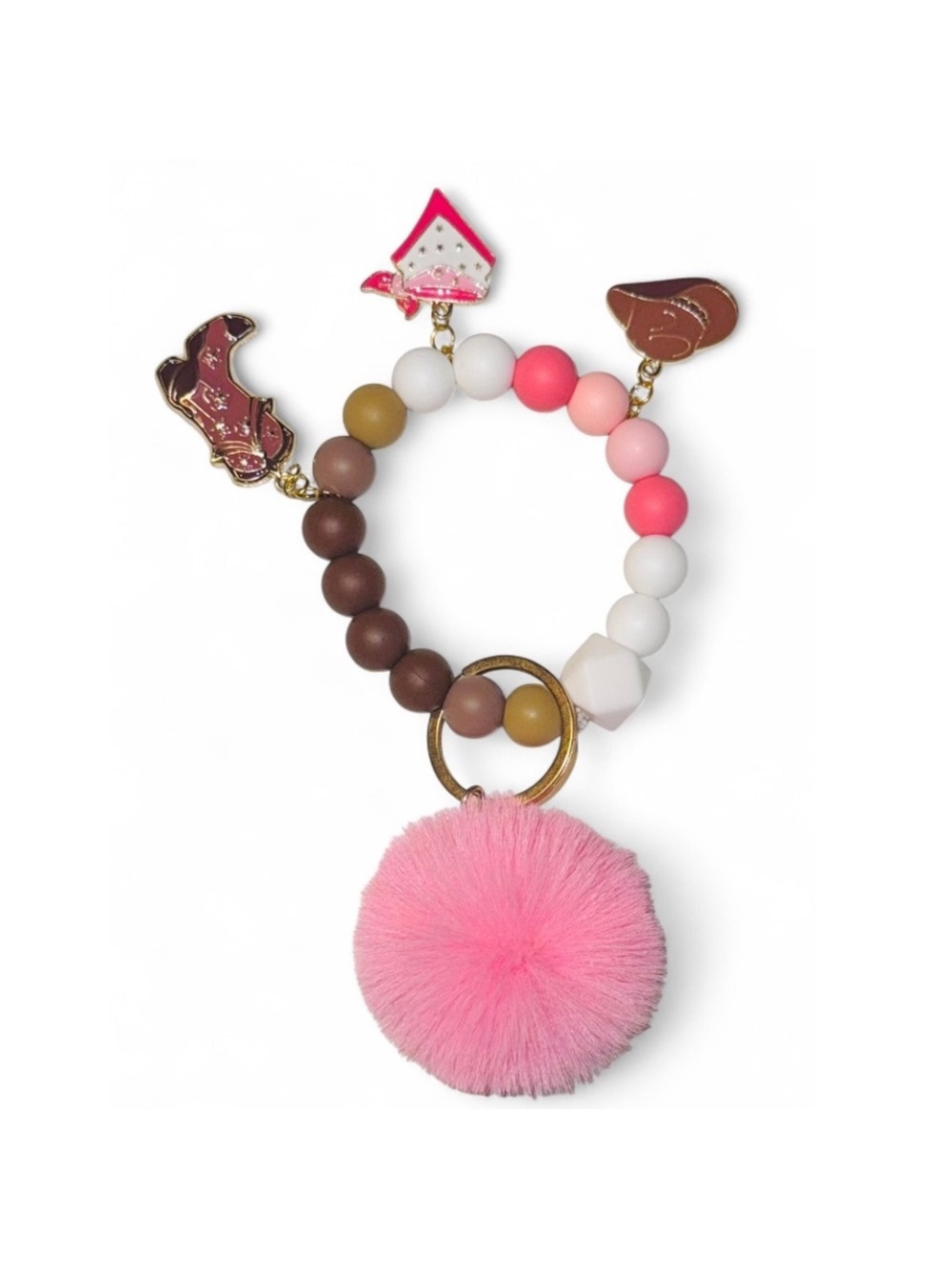 Pink Pom Bead Keyring Bracelet with Charms